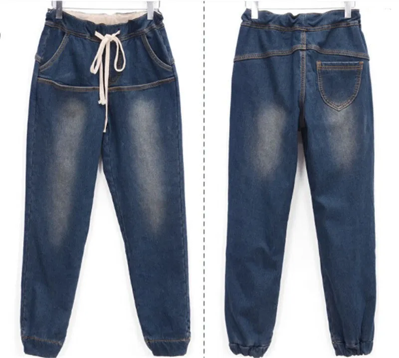Women Thicken Fleece Skinny Harem Pants Trousers Elastic Waist Denim