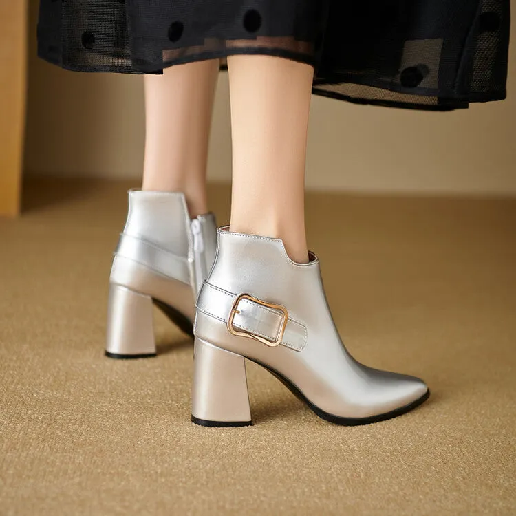 Women's Patent Leather Pointed Toe Square Heel Ankle Boots